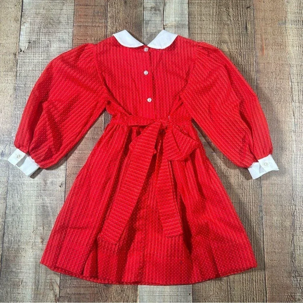 Vintage 70s Mini World Girls Prairie Dress 5 Red Polka Dot Lace Peter Pan Collar